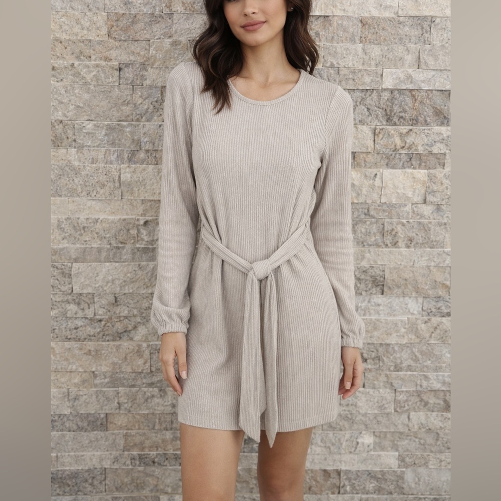 Dynamite Beige Ribbed Elegant Long Sleeve Dress Tied at the Waist